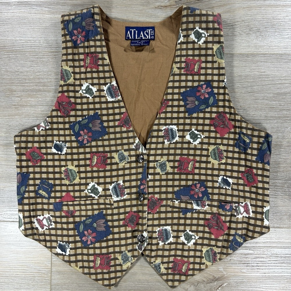 Atlast & Co. Large Brown Checkered Vest‎ Teapot Iron Grandma Core Cottage Core